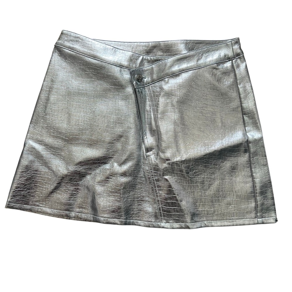 Torn by Ronny Kobo Silver Metallic Croc Embossed Mini Skirt Asymmetrical NWT M